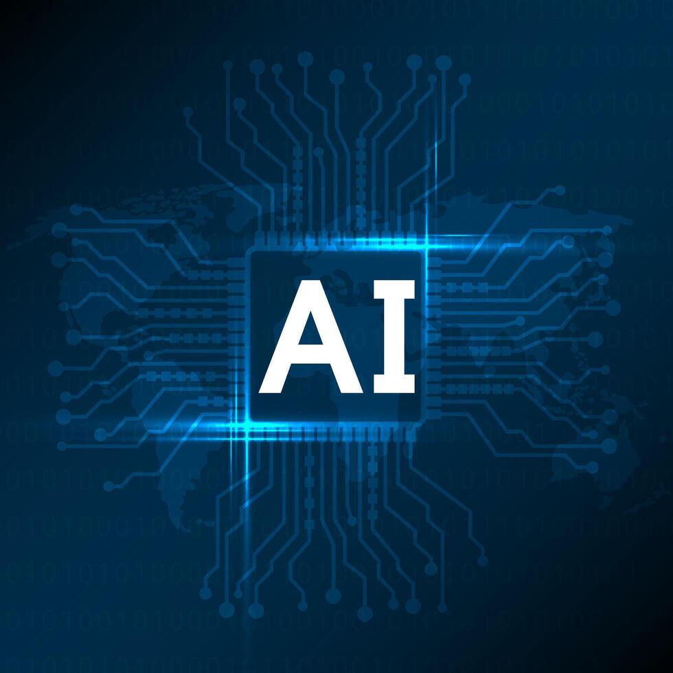 3D Rendering of computer mother board chip with AI text and glowing circuit background. vector