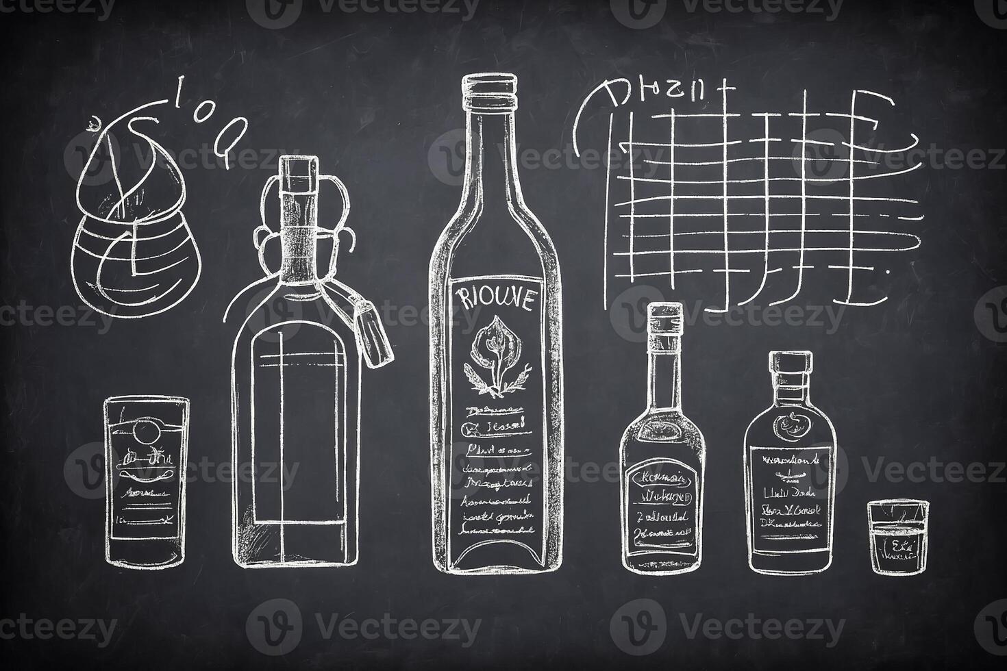 Chalkboard with Alcohol Bottles and Drinks photo