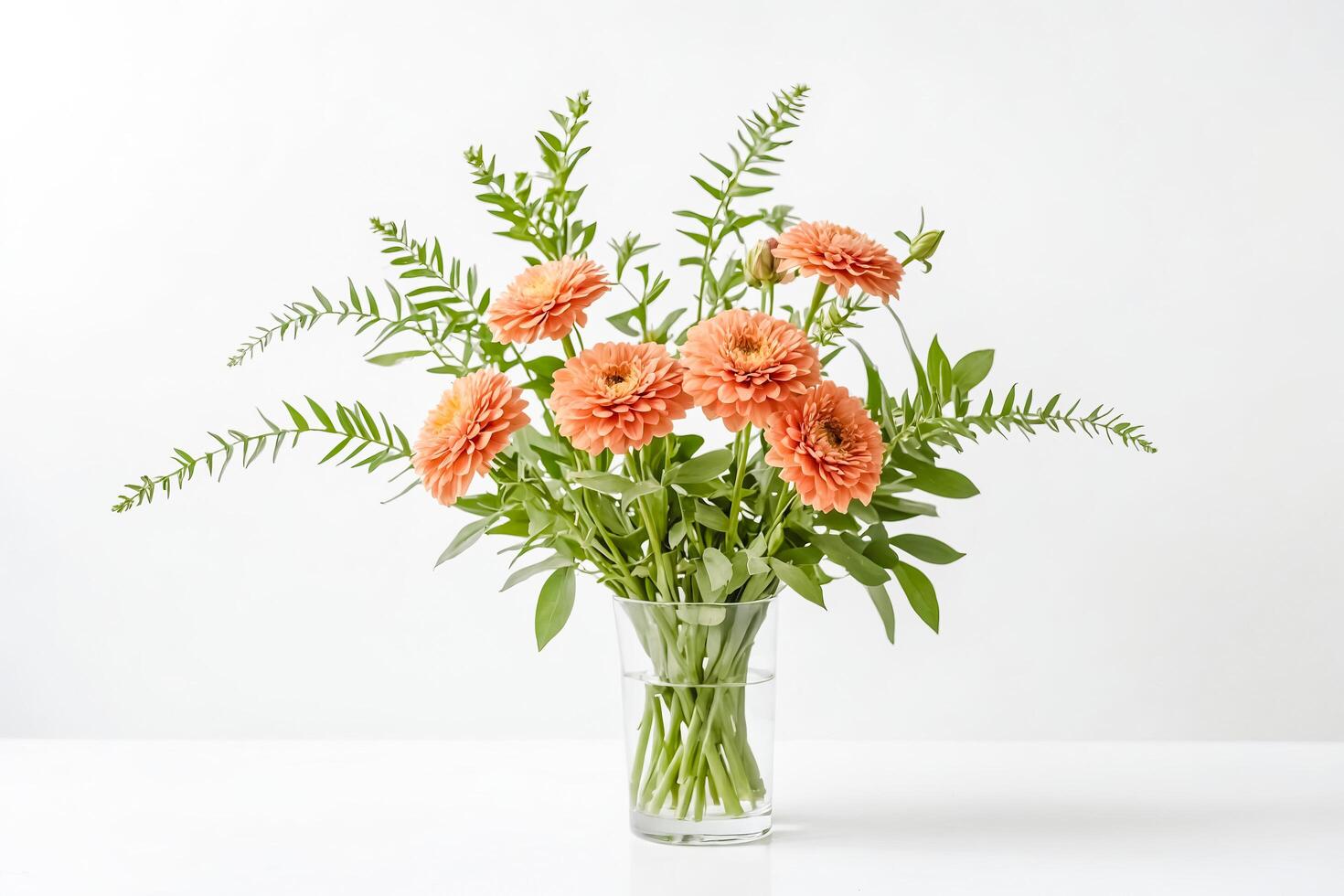 Peach Dahlia Bouquet in Glass Vase on White Background photo
