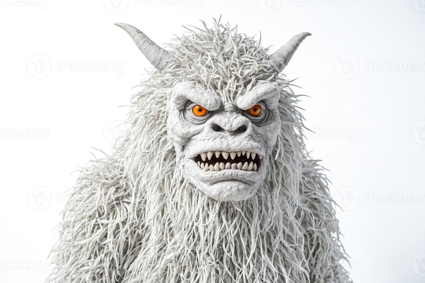 White Furry Creature with Horns and Orange Eyes photo