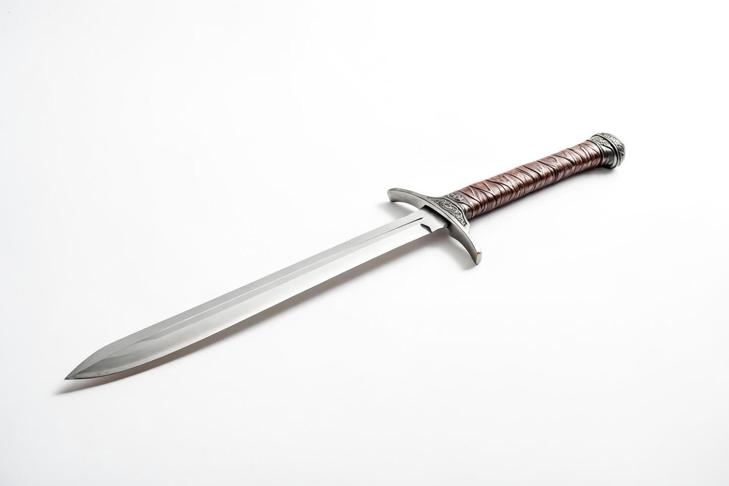 Medieval Sword with Leather Wrapped Handle on White Background photo