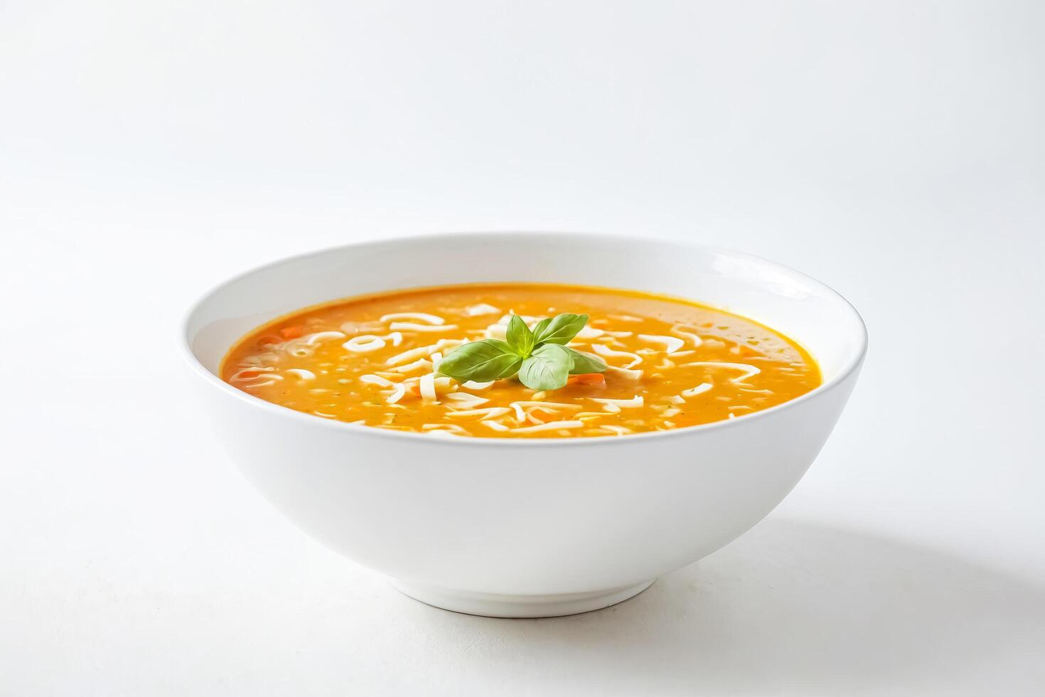 Close-up of a Bowl of Pumpkin Soup with Basil and Cheese photo