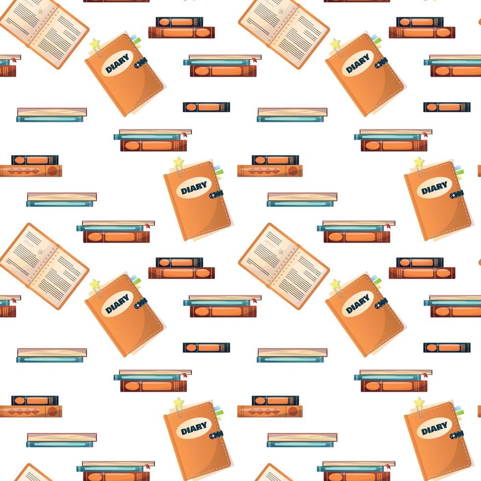 seamless school pattern on a white background. color illustration of different books, textbooks, diary, notebooks, sheets of paper, school supplies. pattern for textile, backgroundr vector