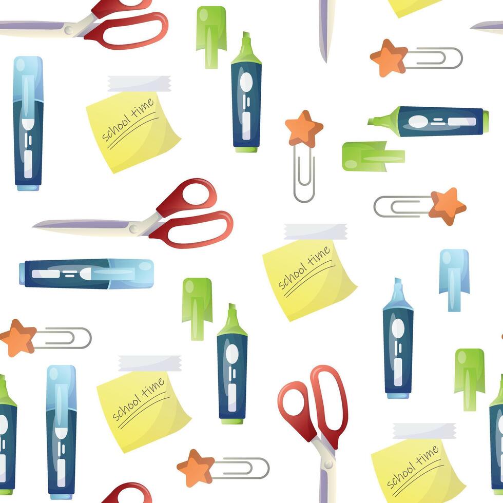 seamless school pattern on a white background. color illustration, markers of different colors, scissors, rulers, pencils, stickers, bookmarks, brushes. pattern for textile, background, packaging vector