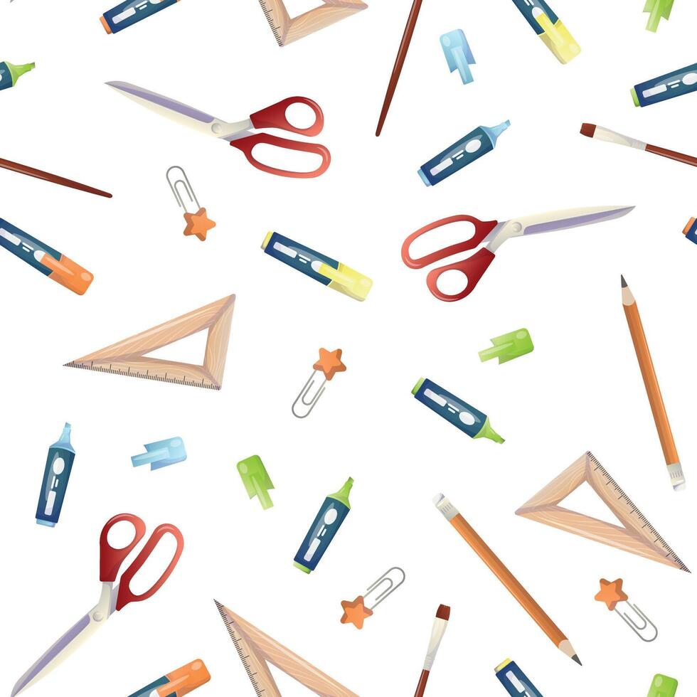 seamless school pattern on a white background. color illustration, markers of different colors, scissors, rulers, pencils, stickers, bookmarks, brushes. pattern for textile, background vector
