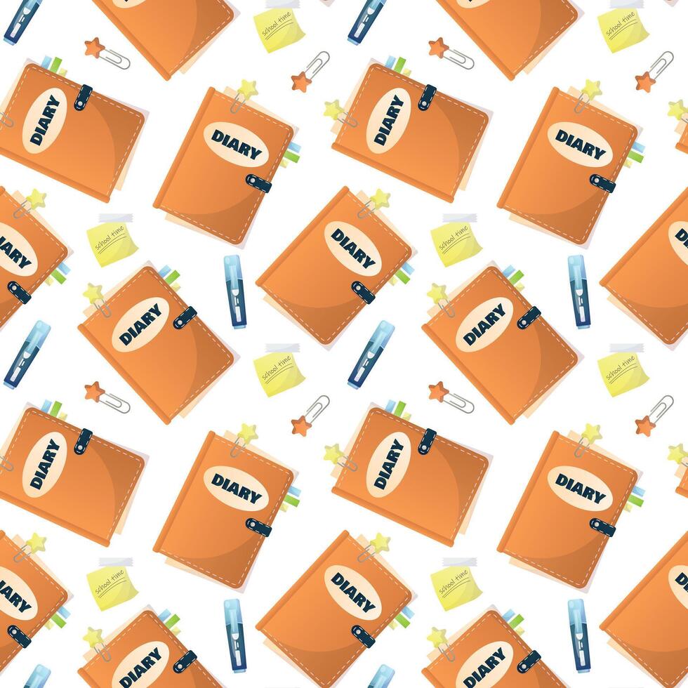 seamless school pattern on a white background. color illustration, textbooks, diary, notebooks, sheets of paper, markers, highlighters, bookmarks, stickers. pattern for textile, background vector