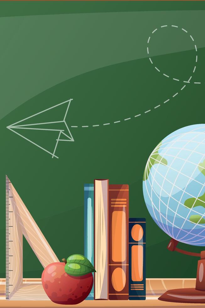 vertical background. back to school. school board, globe, ruler and books. Place for text. Poster, flyer, postcard, banner vector