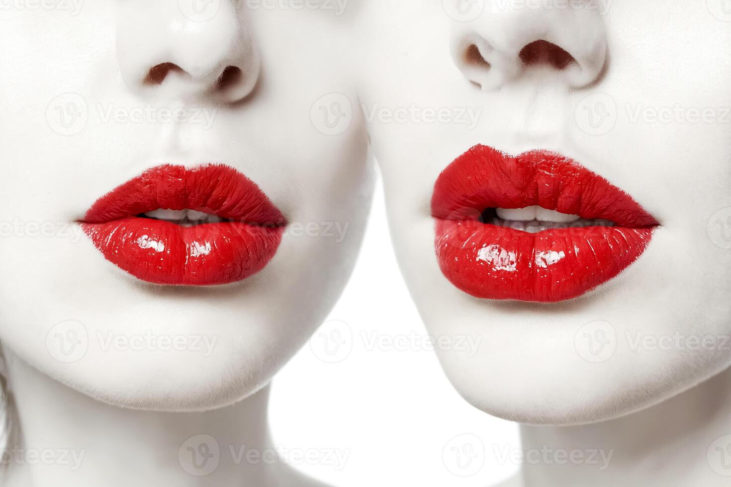 Close-up of Two Women's Lips with Red Lipstick photo