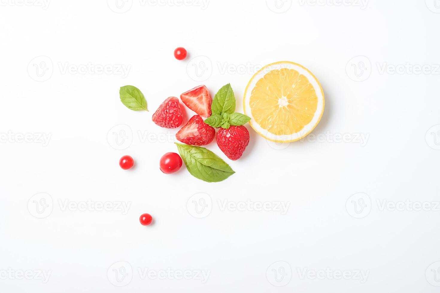 Fresh lemon and strawberry slices with basil leaves on white background photo