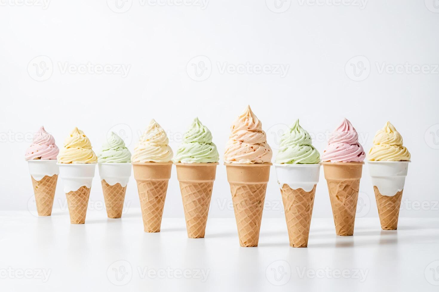 Row of colorful ice cream cones on white background photo