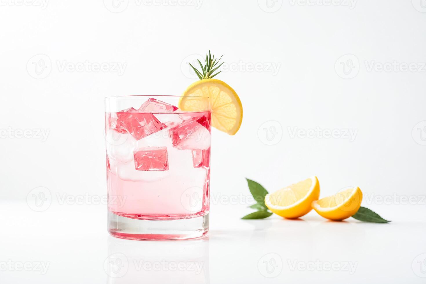 Close-up of a refreshing pink lemonade with ice cubes and lemon slices photo