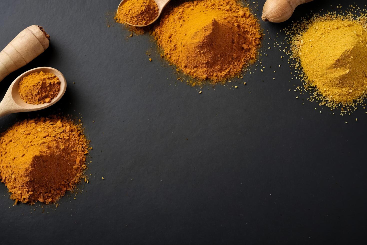 Turmeric powder and spices on black background photo