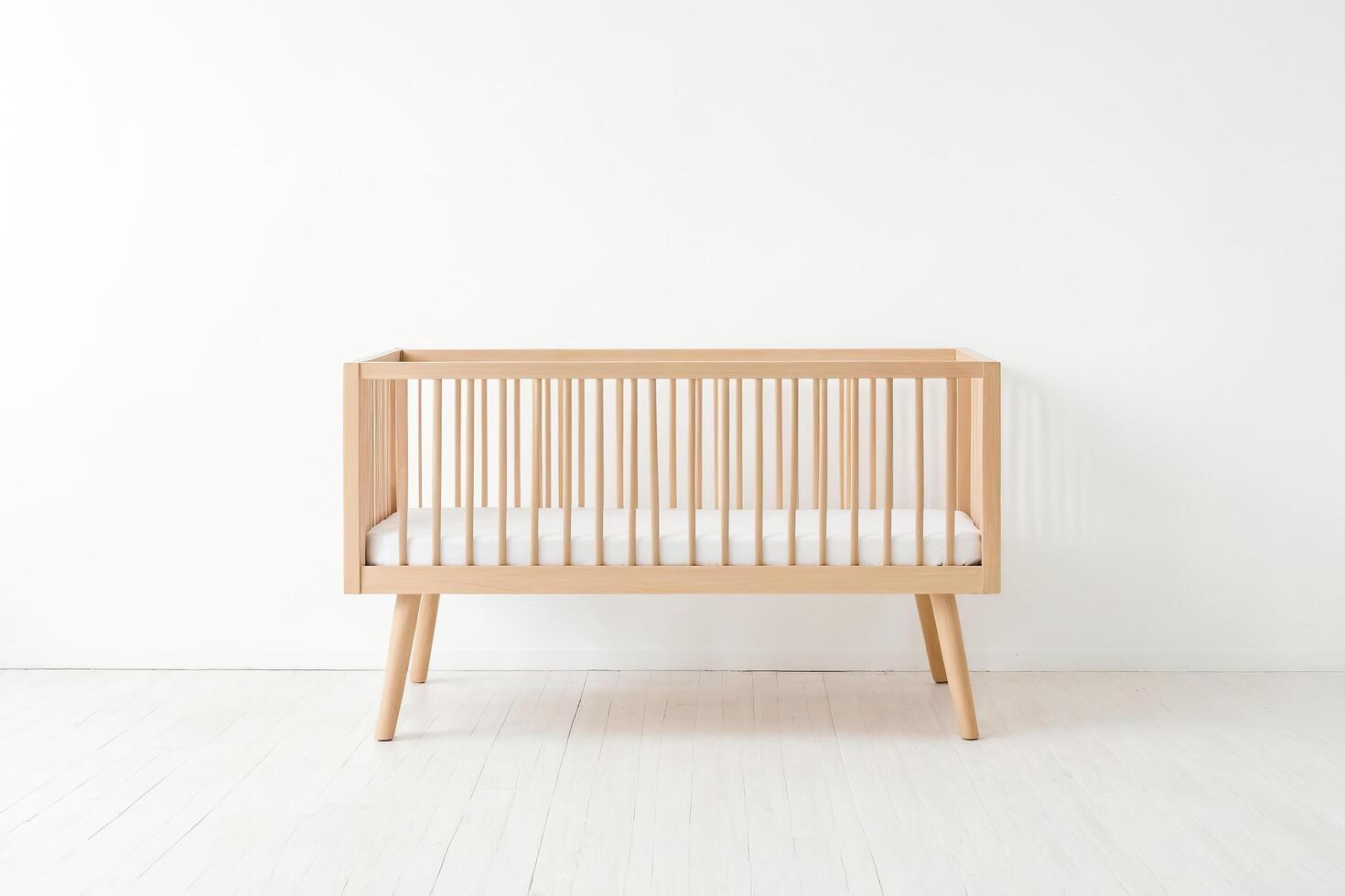 Wooden Baby Crib in a White Room photo