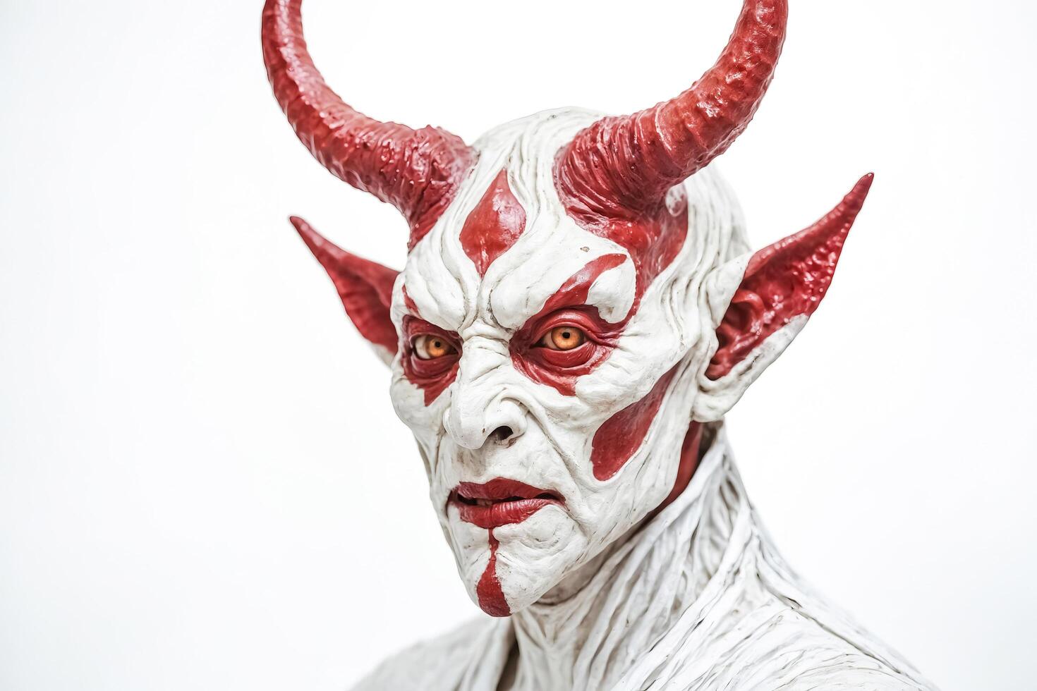 Close-up of a Demon's Face with Red Horns photo