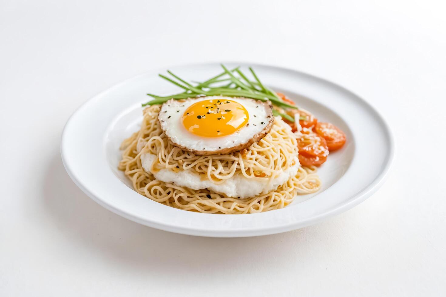 Fried Egg on Noodles with Tomatoes and Chives photo
