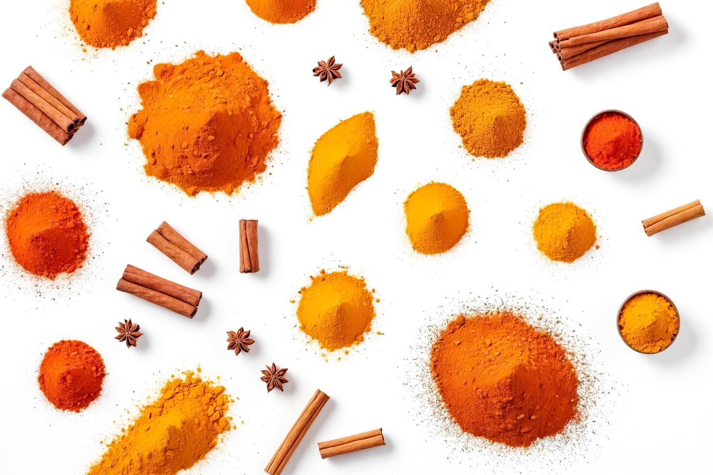 Turmeric, cinnamon and star anise spice pattern on white background photo