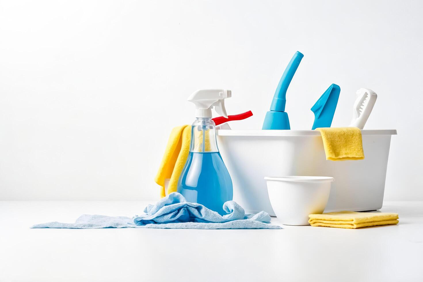 Cleaning supplies in a white bucket photo