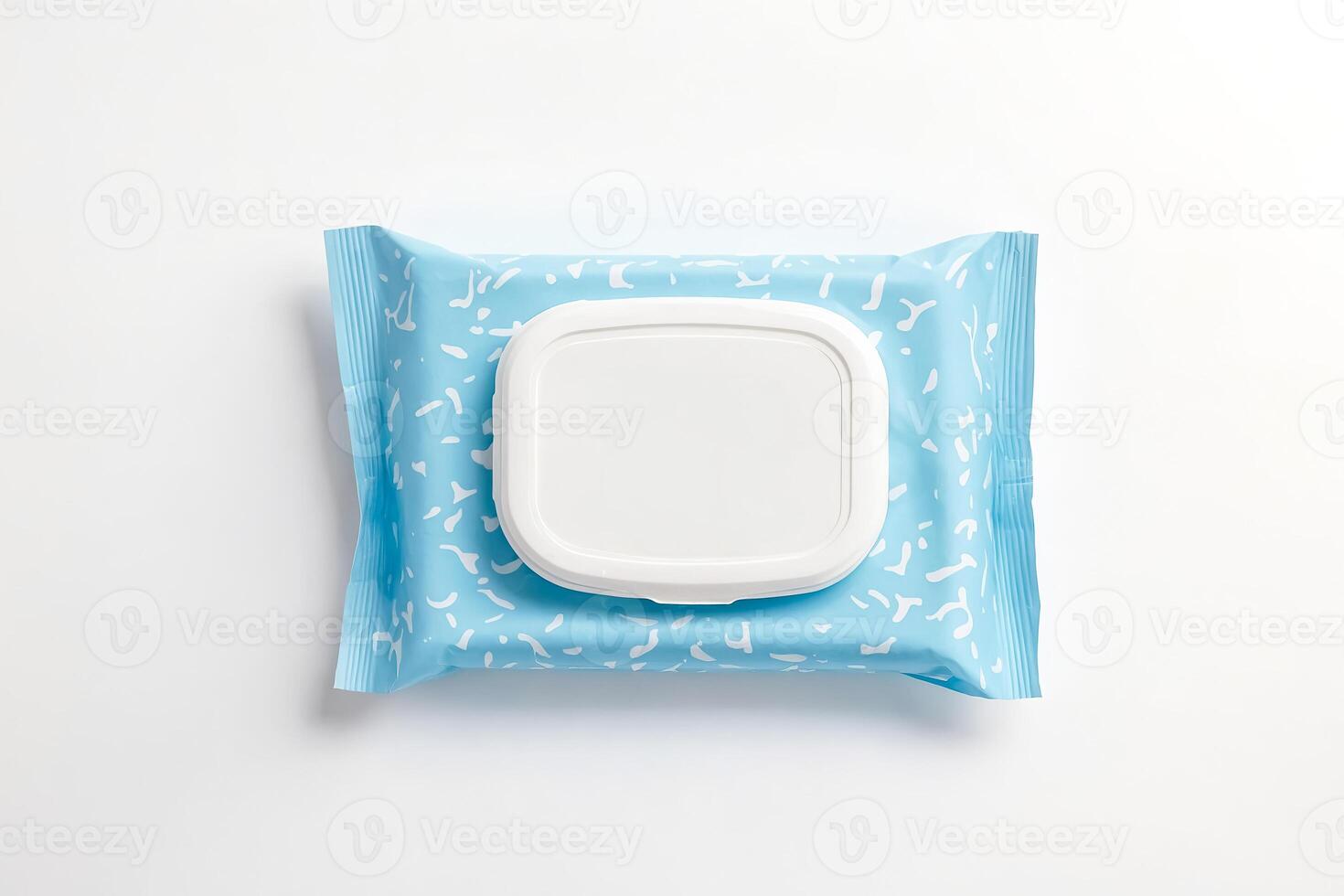 Top view of a blue and white wet wipe package photo