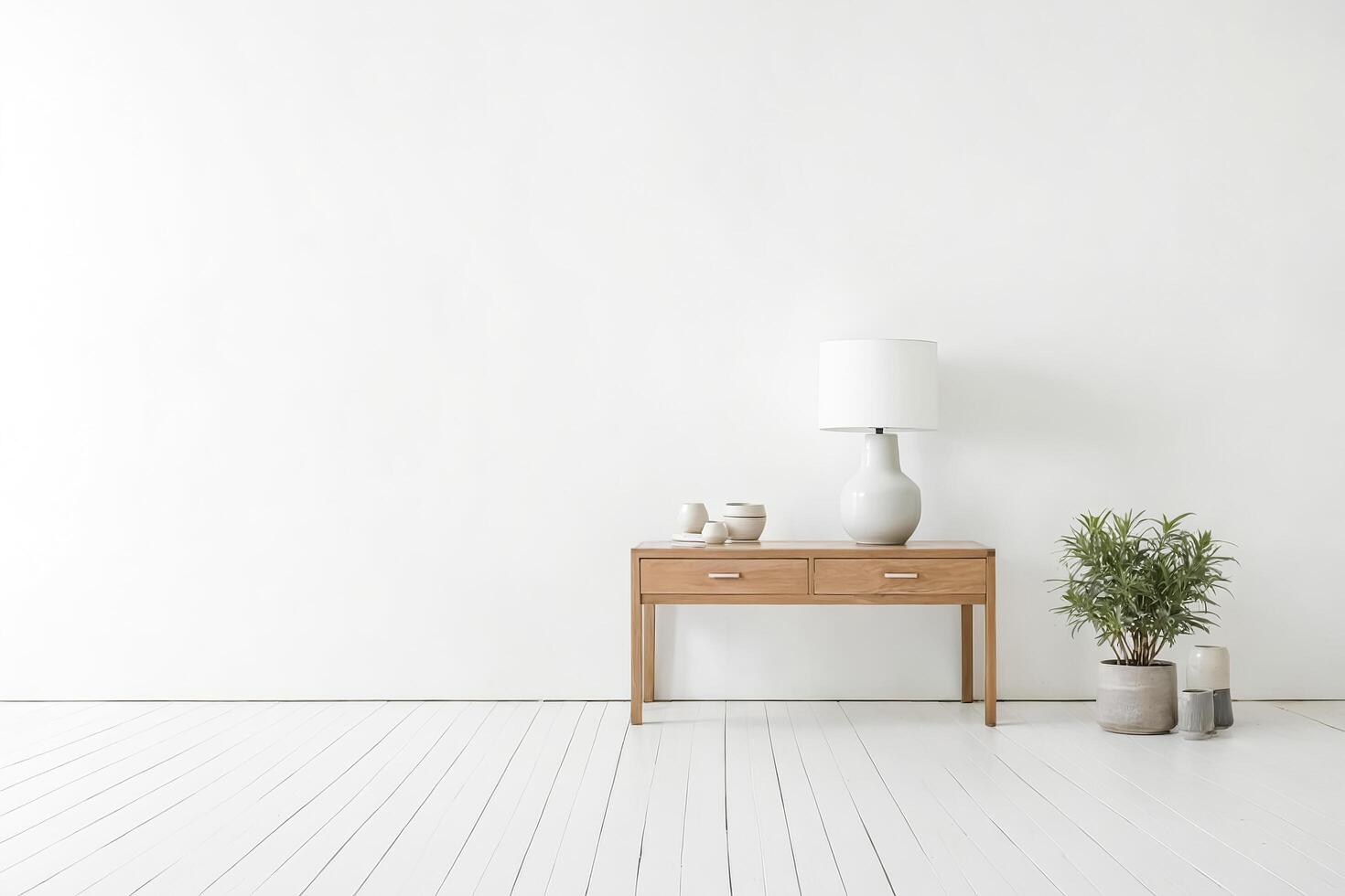 Minimalist Interior with Wooden Console Table and White Lamp photo