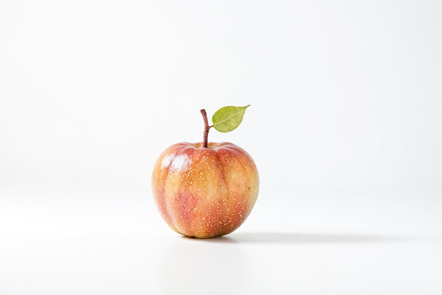 Single Red Apple with a Green Leaf on a White Background photo