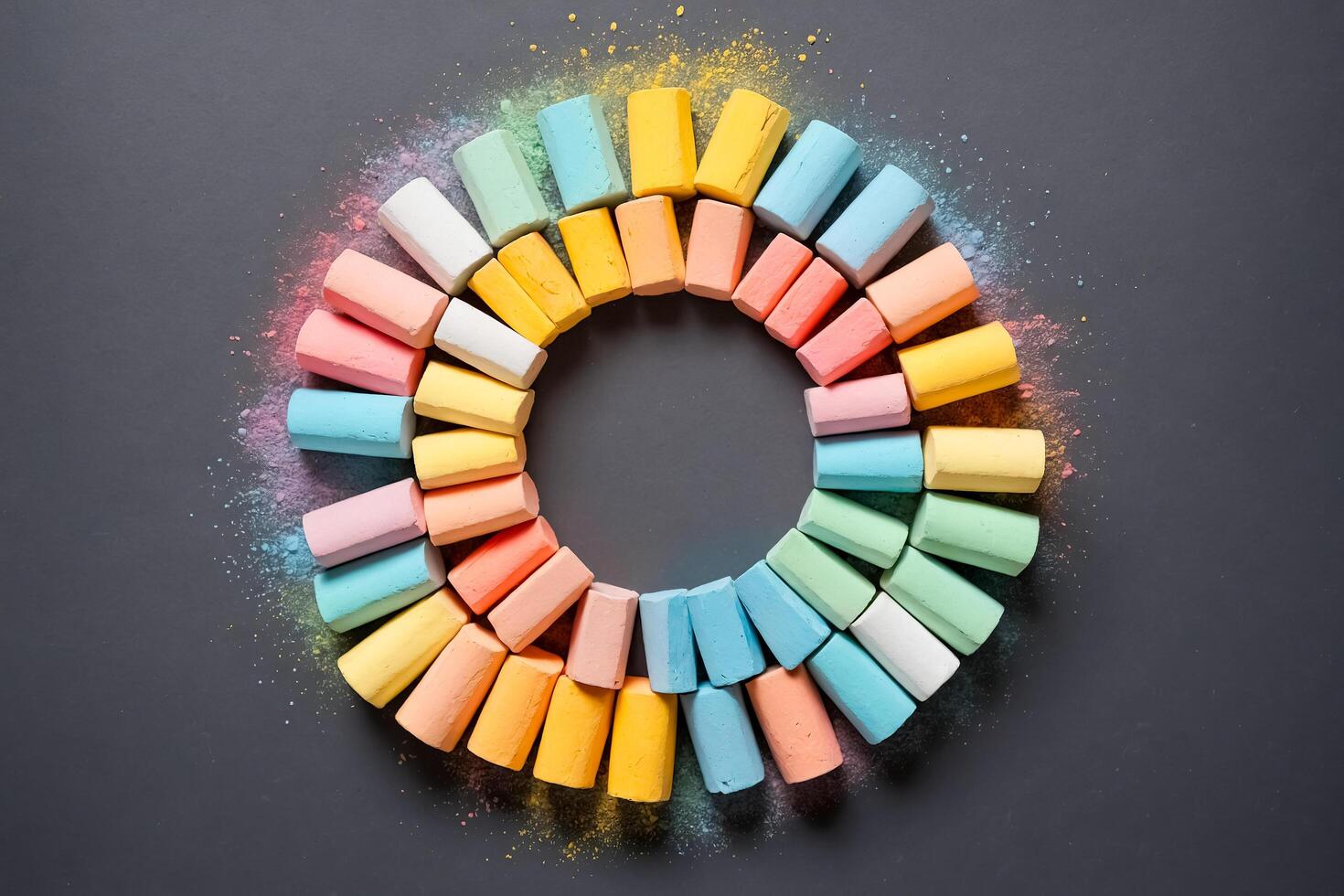 Colorful Chalk Sticks Arranged in a Circle on Black Background photo