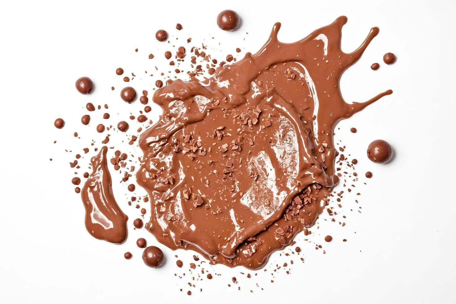 Melted Chocolate with Chocolate Pieces and Chocolate Balls on White Background photo