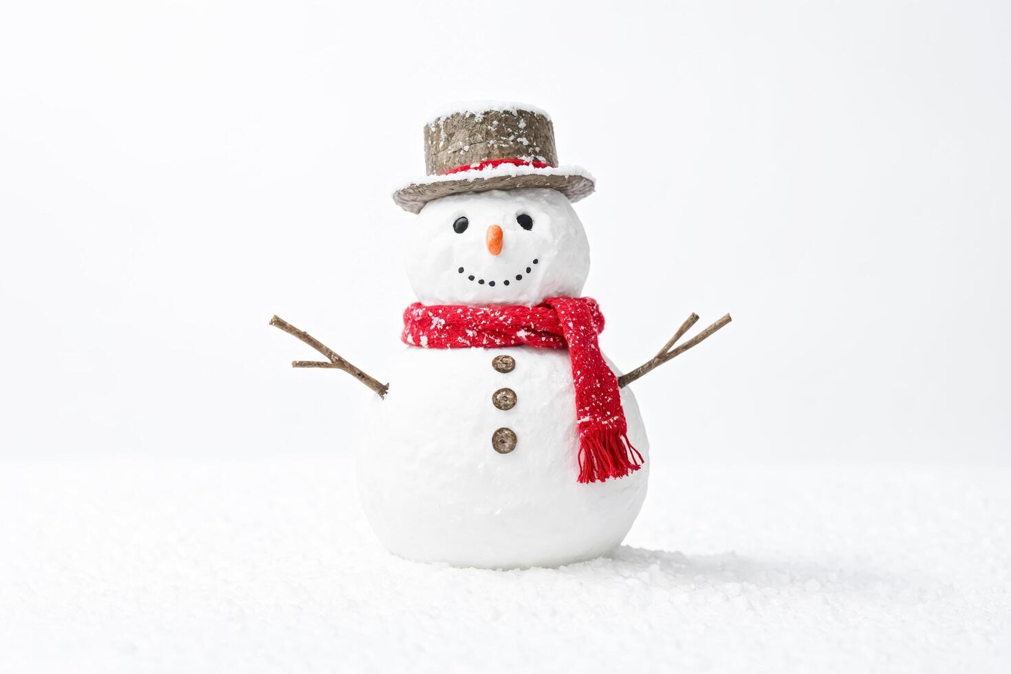 Snowman with Red Scarf and Brown Hat in Snow photo