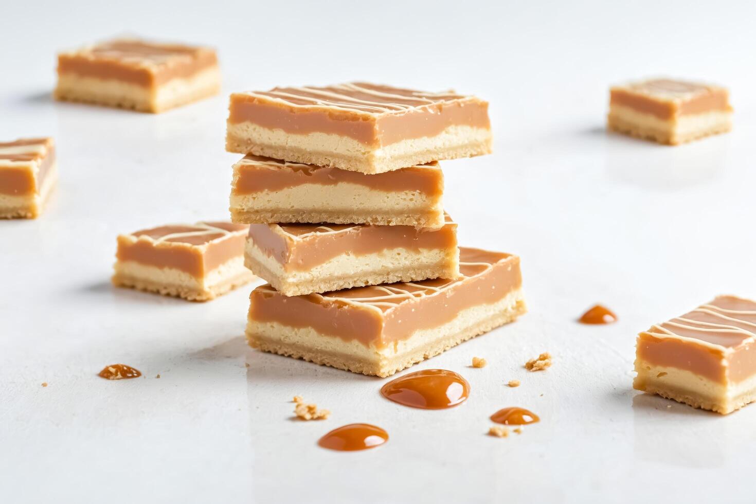 A stack of caramel cheesecake bars with caramel sauce on a white table photo