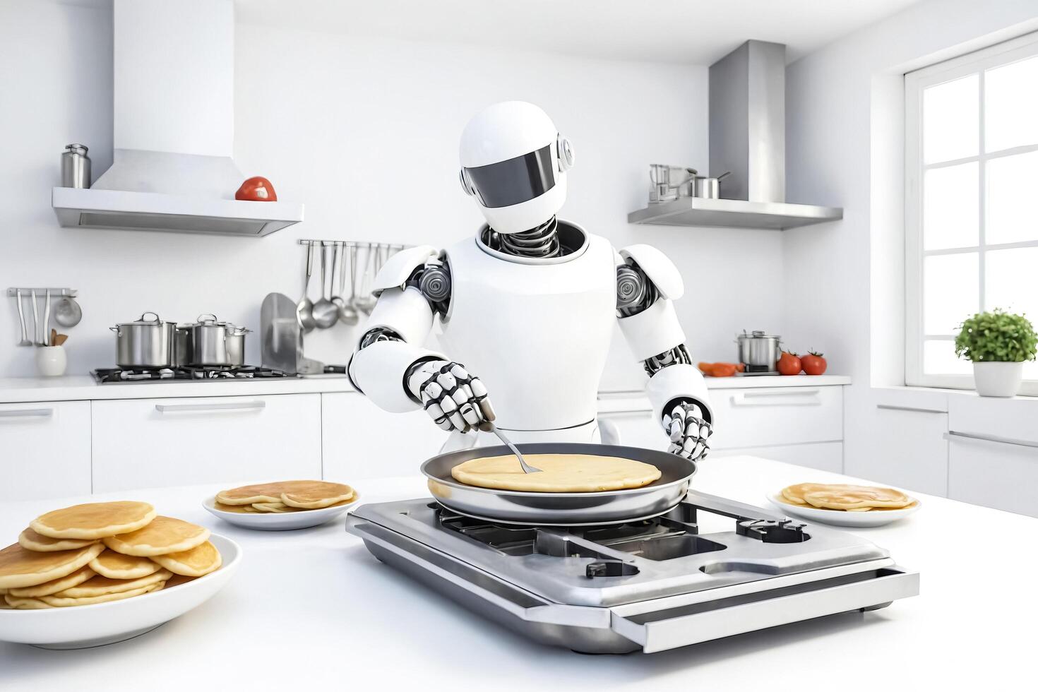 Robot Chef Cooking Pancakes in a Modern Kitchen photo
