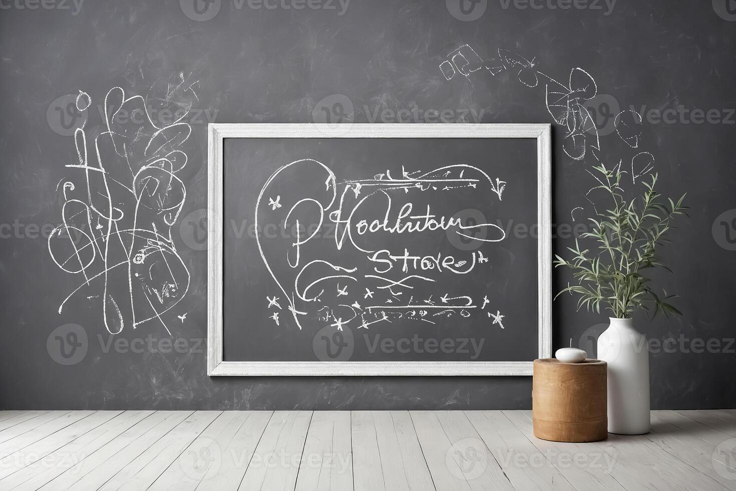 Chalkboard with Hooked on Style written on it, wooden stool and vase with plant photo