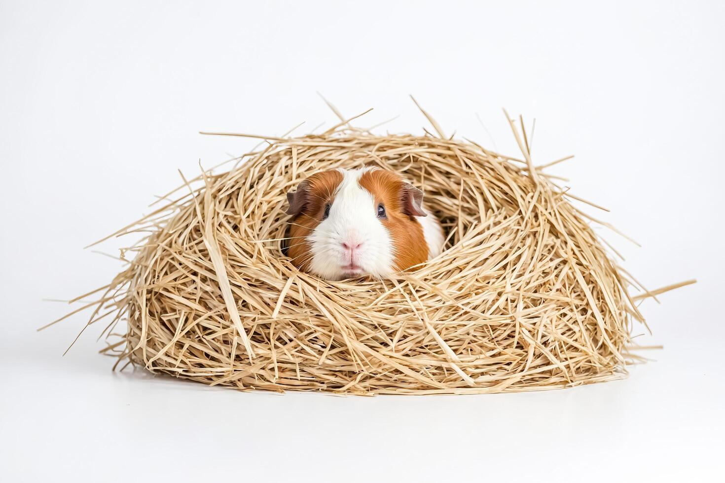 Cute Guinea Pig Hiding in a Nest of Hay photo