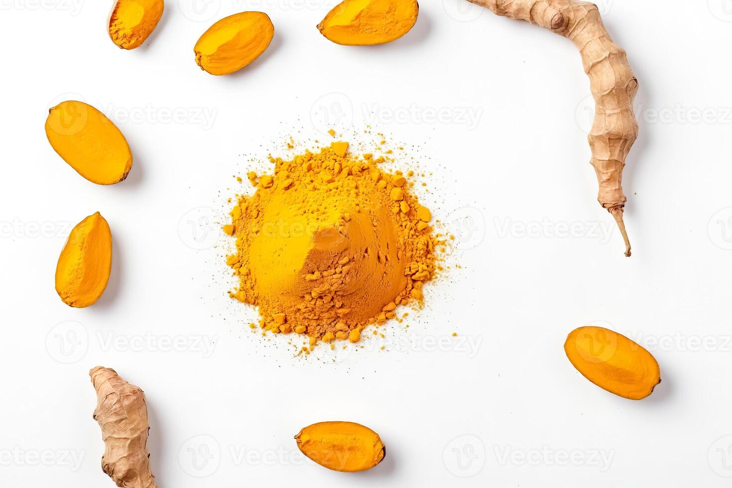 Turmeric Root Powder and Slices on White Background photo