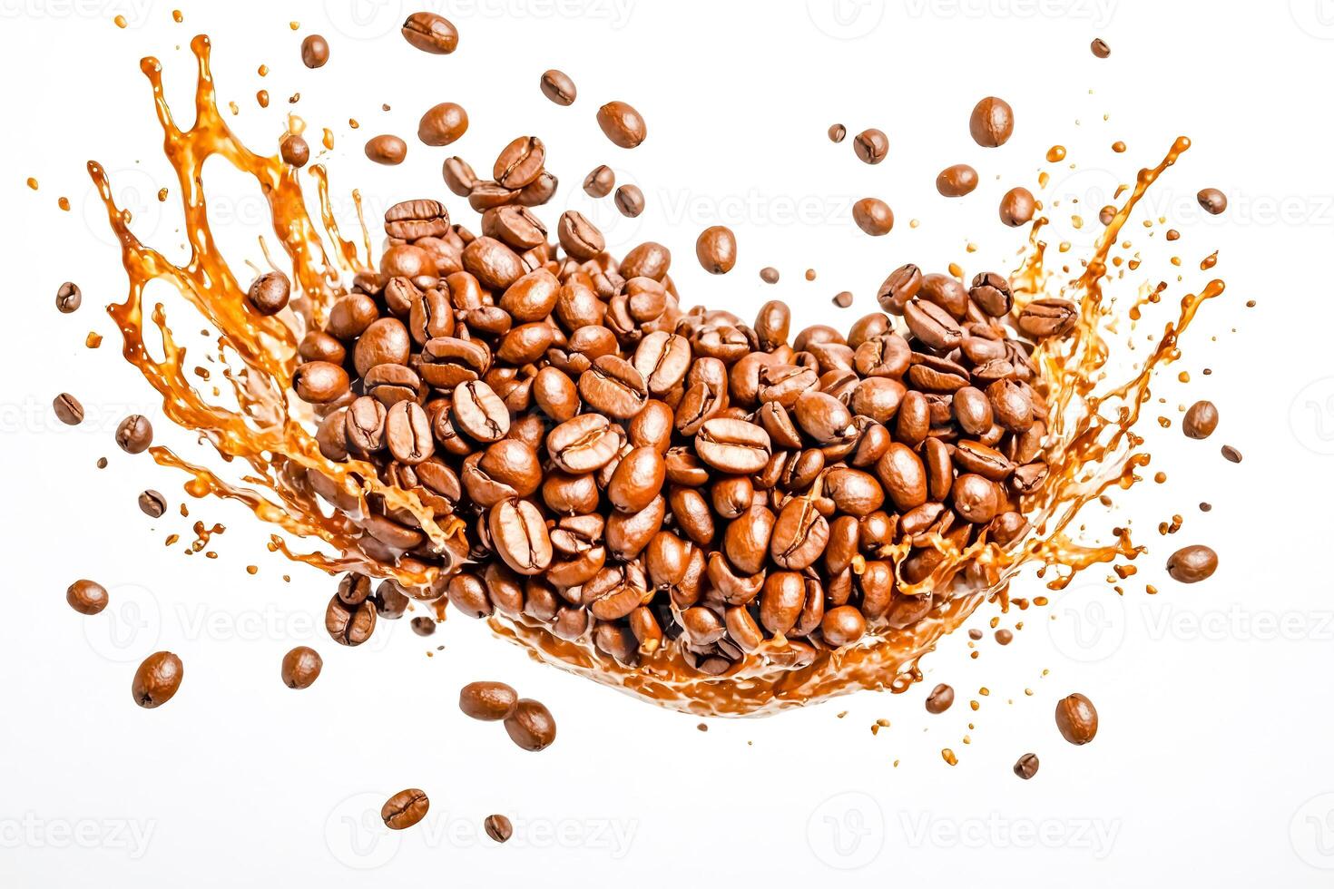 Coffee beans and coffee splash in the air photo