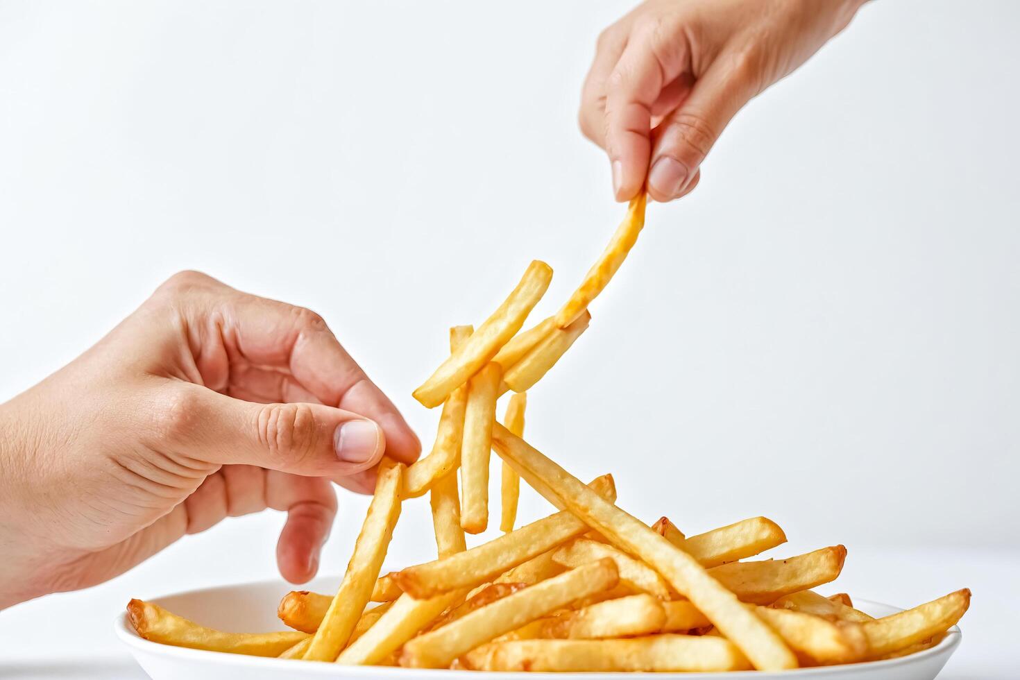 Close-up of Hand Reaching for French Fries photo