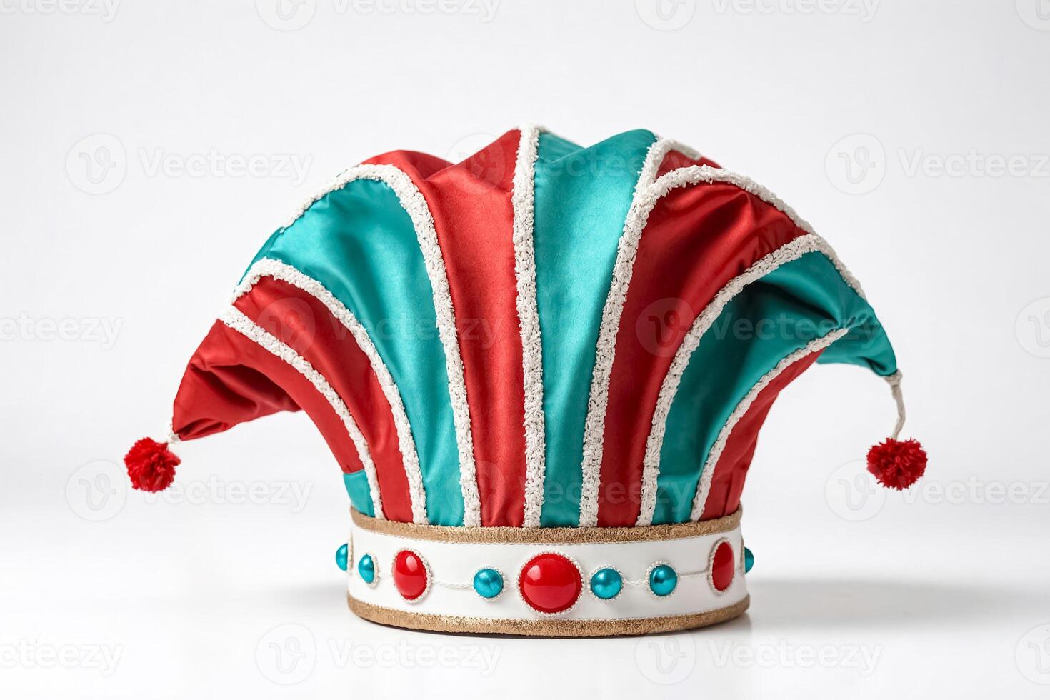 Colorful Jester Hat with Red and Turquoise Panels Amidst the White Background photo