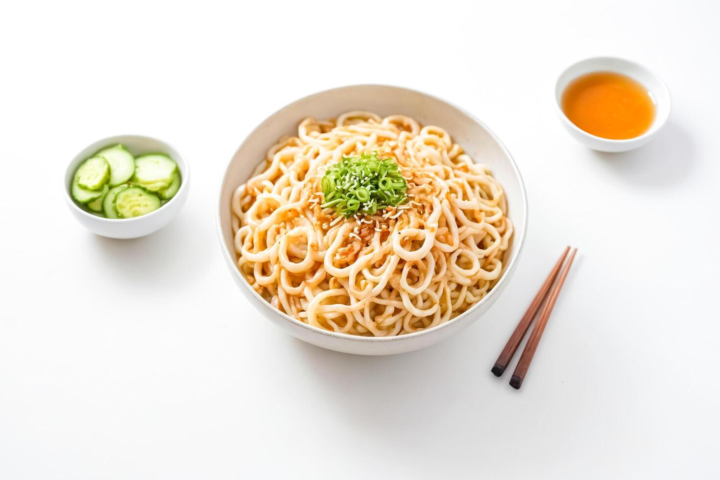Delicious Chinese Noodles with Sesame Seeds, Green Onions and Cucumber photo