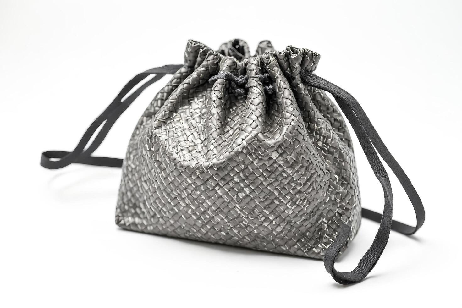 Gray Woven Bag with Black Drawstring photo