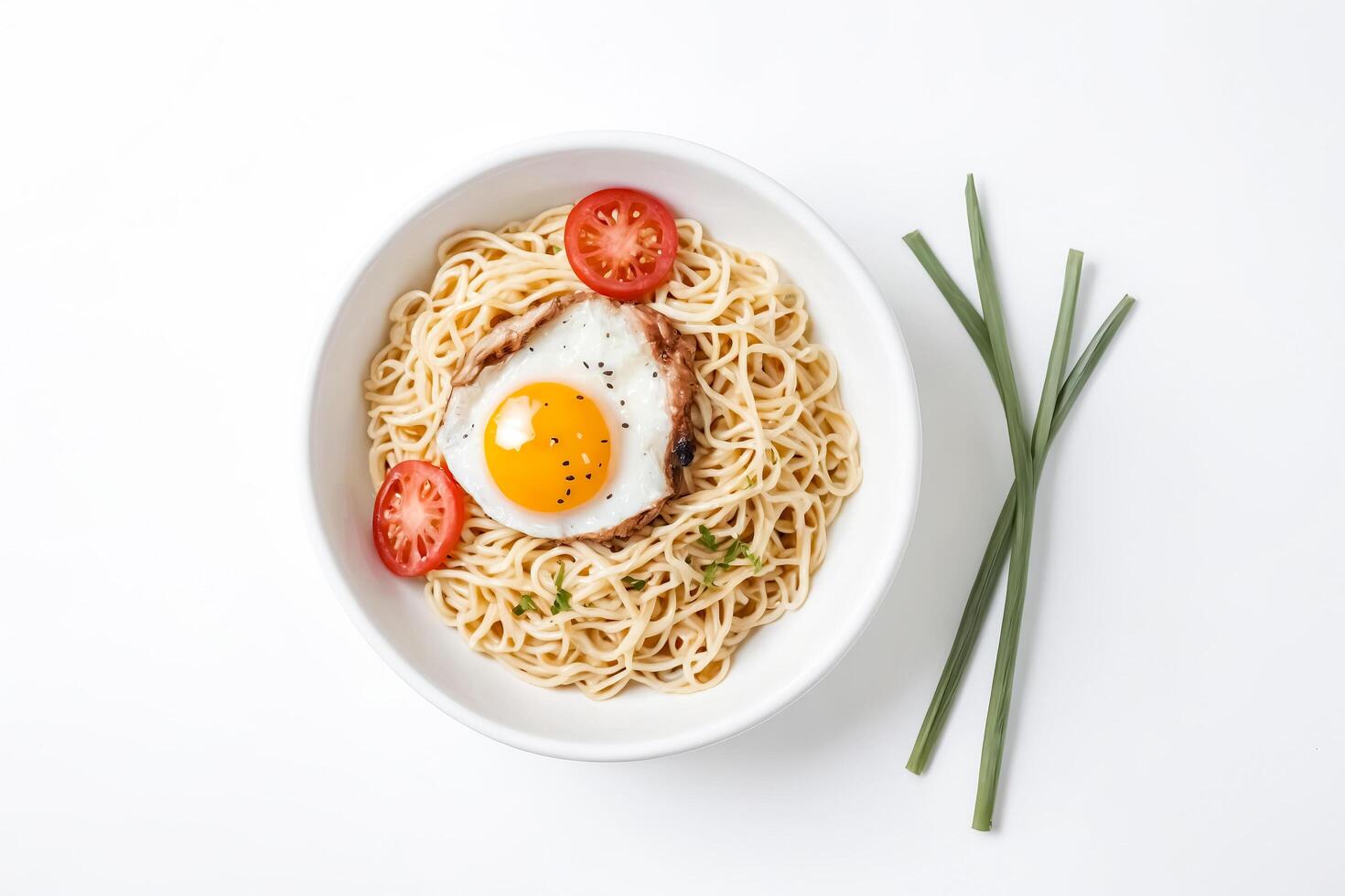 Noodles with fried egg and tomato in white bowl on white background photo