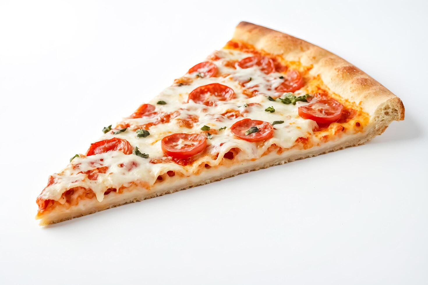 Close-up of a Pizza Slice with Tomato and Basil photo