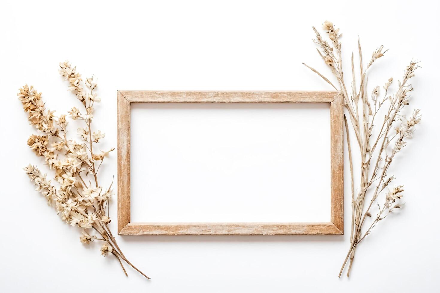 Rustic Frame with Dried Flowers on White Background photo