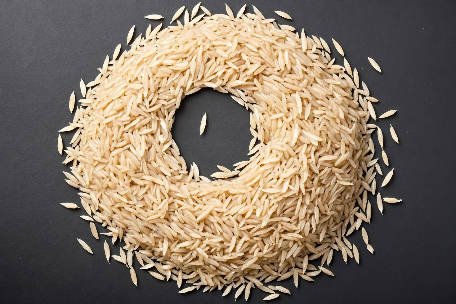 Brown rice grains in a circle shape on a black background photo