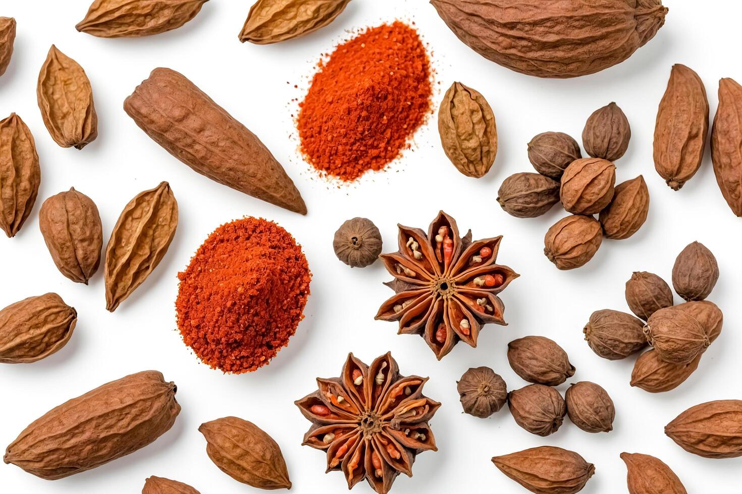 Aromatic Spices and Nuts Scattered on a White Background photo