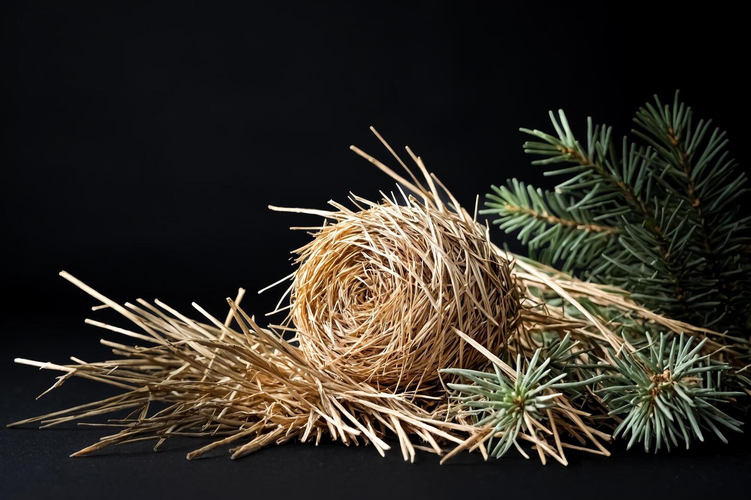 Nest, Hay, and Pine Needles on a Black Background photo