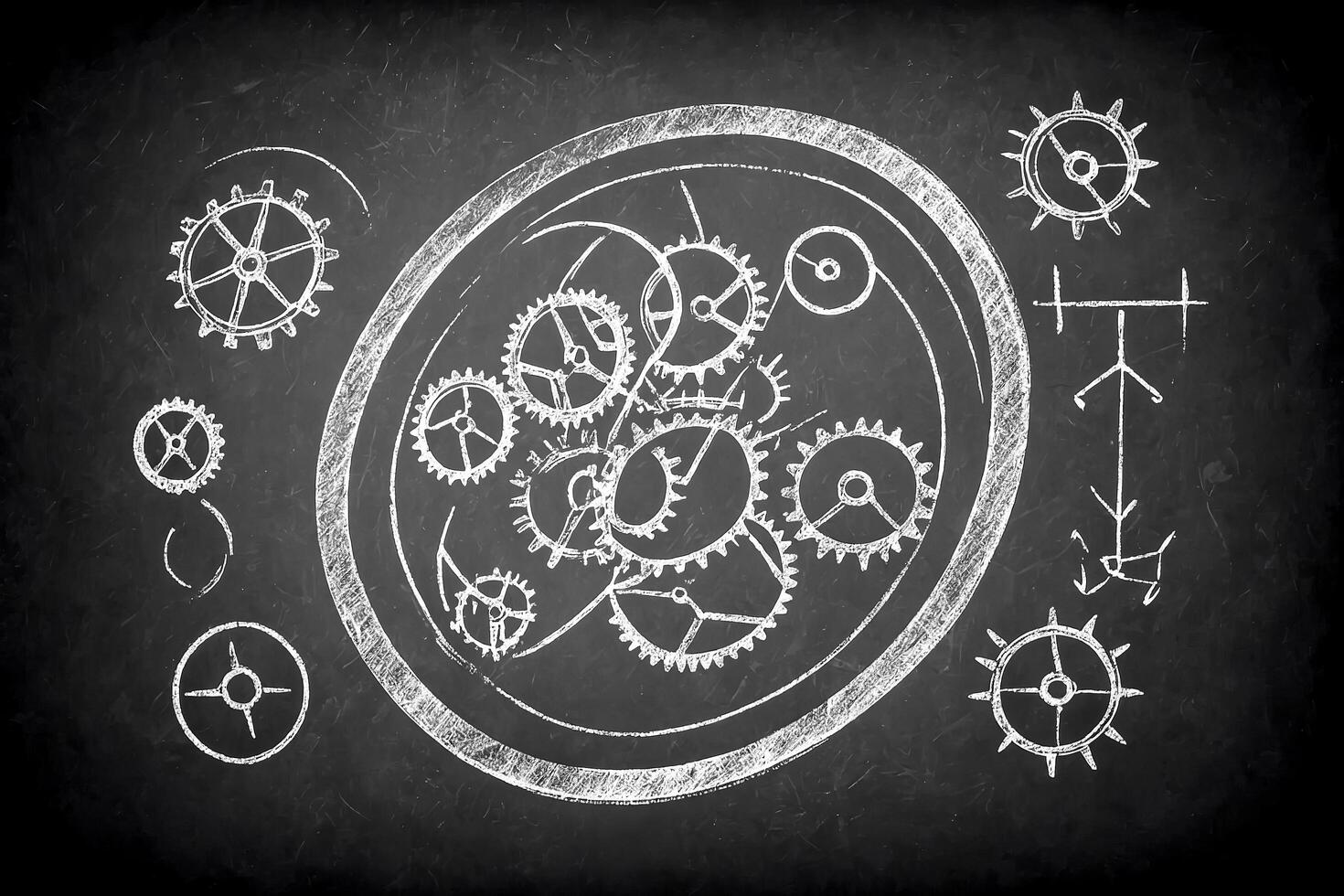 Chalkboard Drawing of Gears and Mechanisms photo