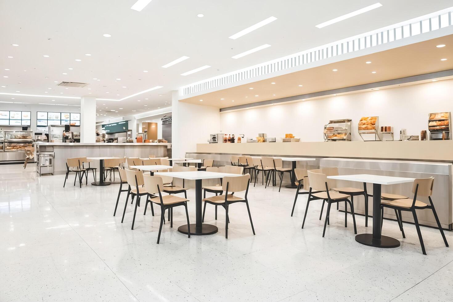 Empty cafeteria with white tables and chairs photo