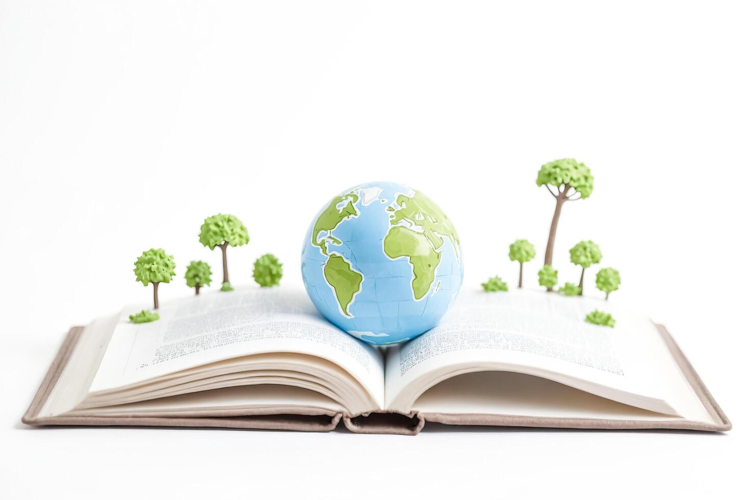 Globe on an open book with miniature trees photo