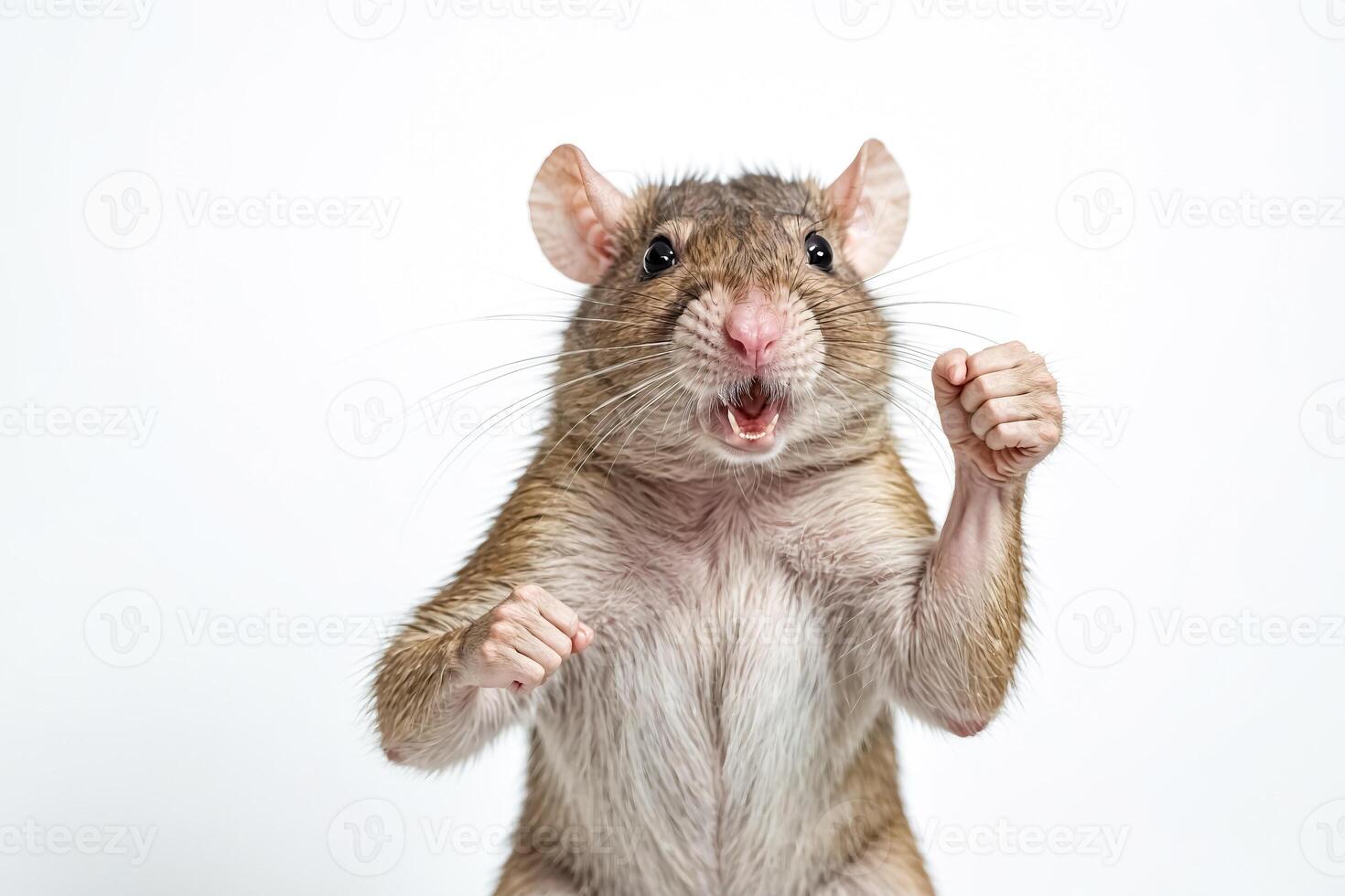 A rat stands on its hind legs, makes a fist, and looks directly at the camera with a menacing expression. photo