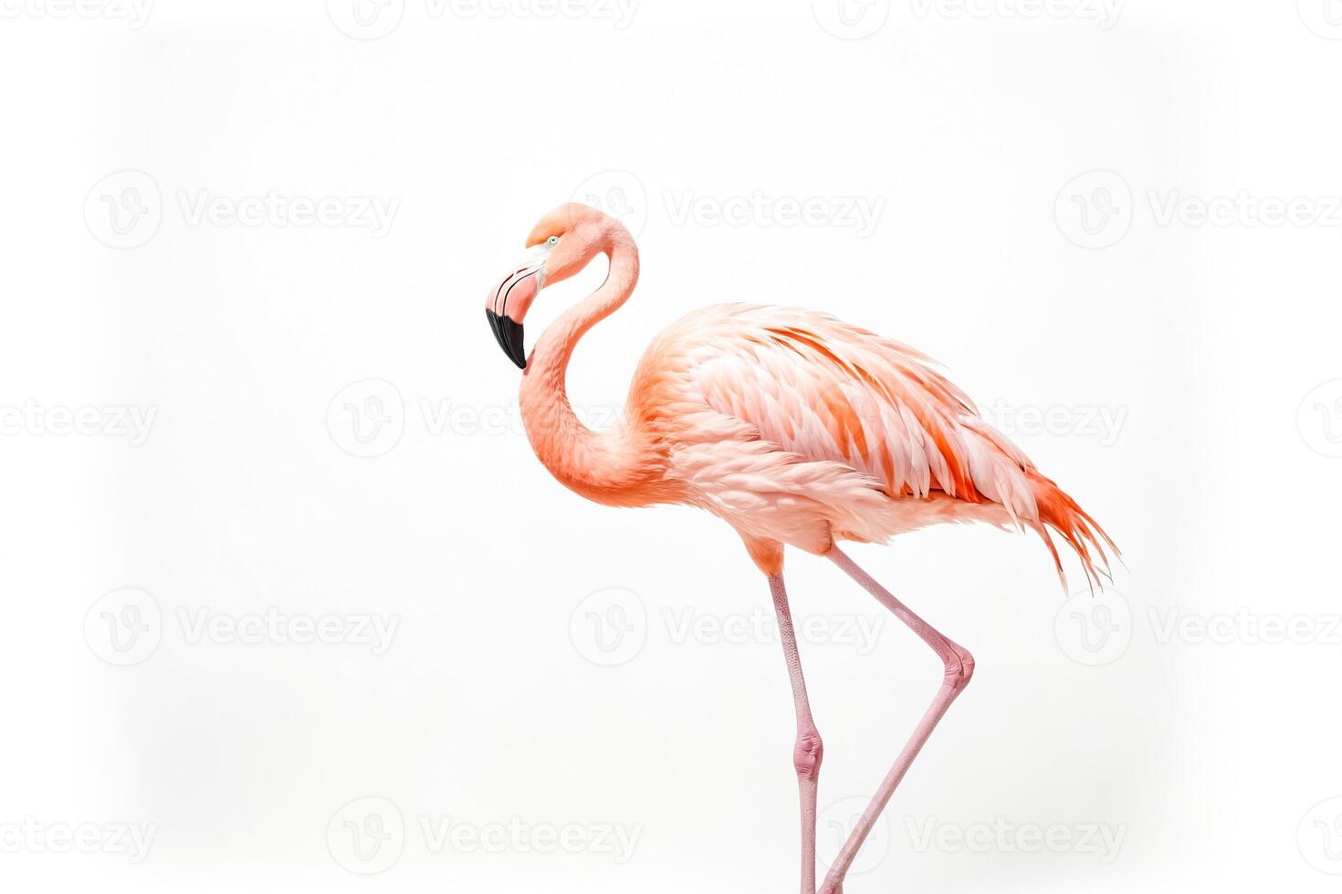 Pink Flamingo Standing on One Leg Against White Background photo