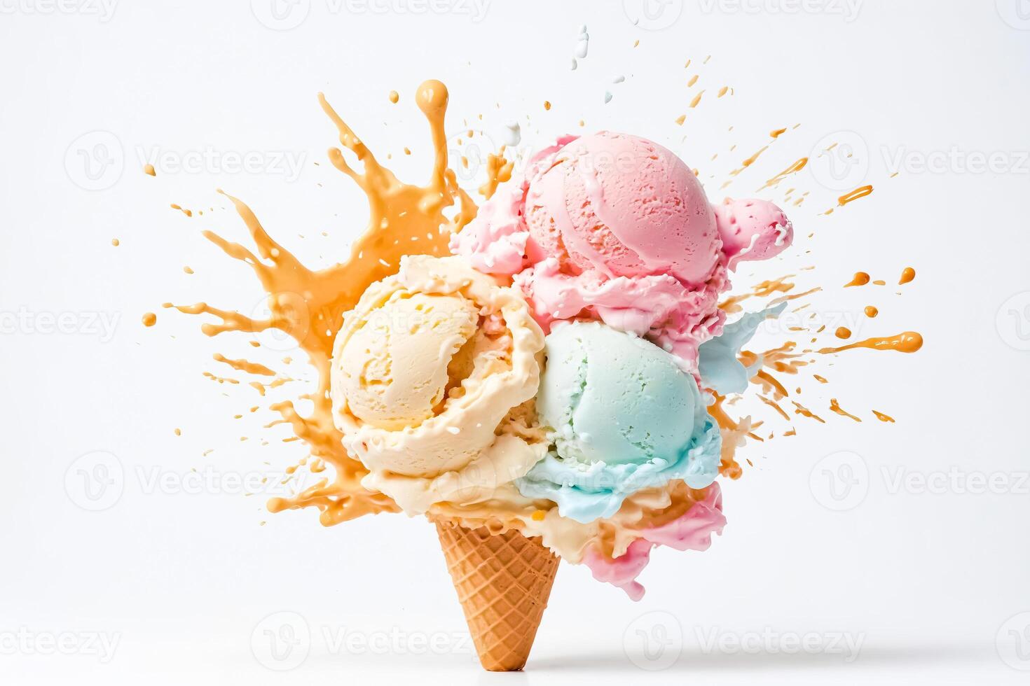 Ice cream cone with a splash of caramel photo