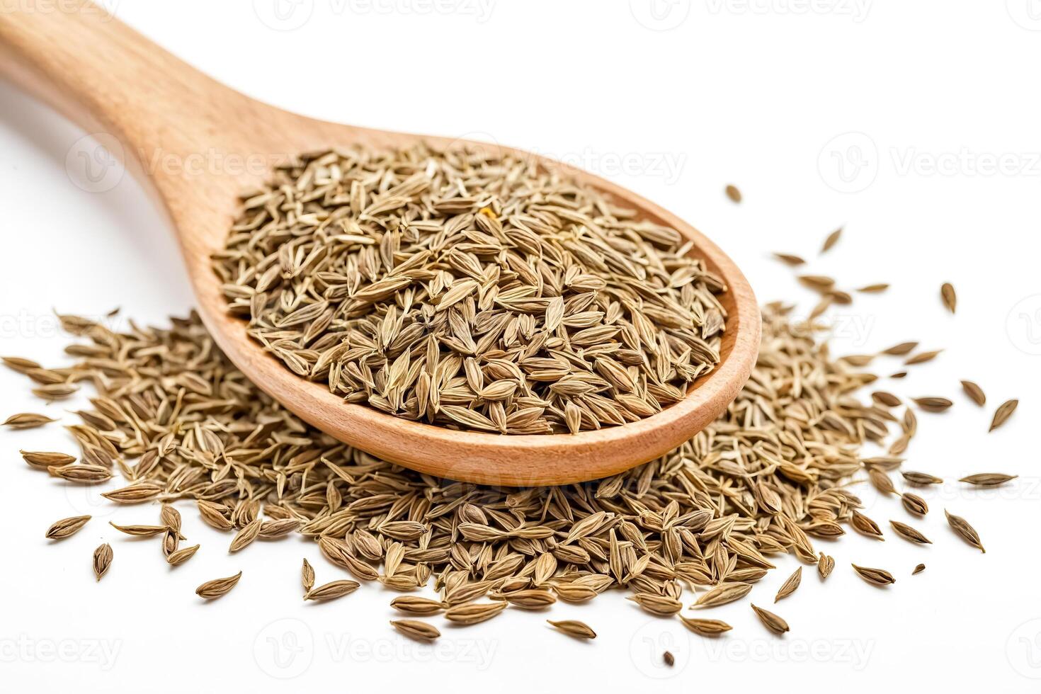 Cumin seeds in wooden spoon on white background photo